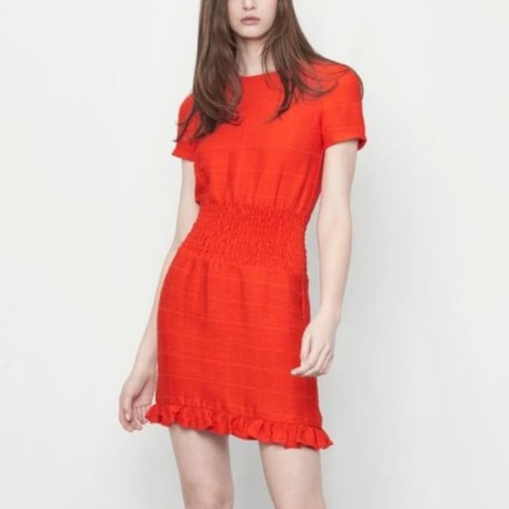 NEW Maje Red Smocked Waist Ruffle Mini Dres